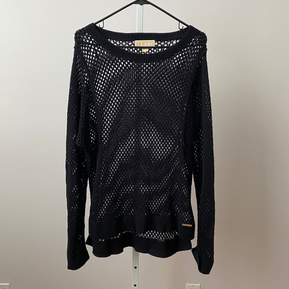 Michael Kors Goth Whimsigoth L Black Sweater Open Knit Crochet Mesh Top